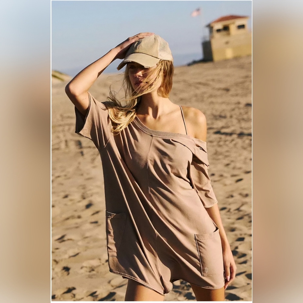 FP Movement by Free People Hot Shot Tee Romper, NWT Mocha Latte